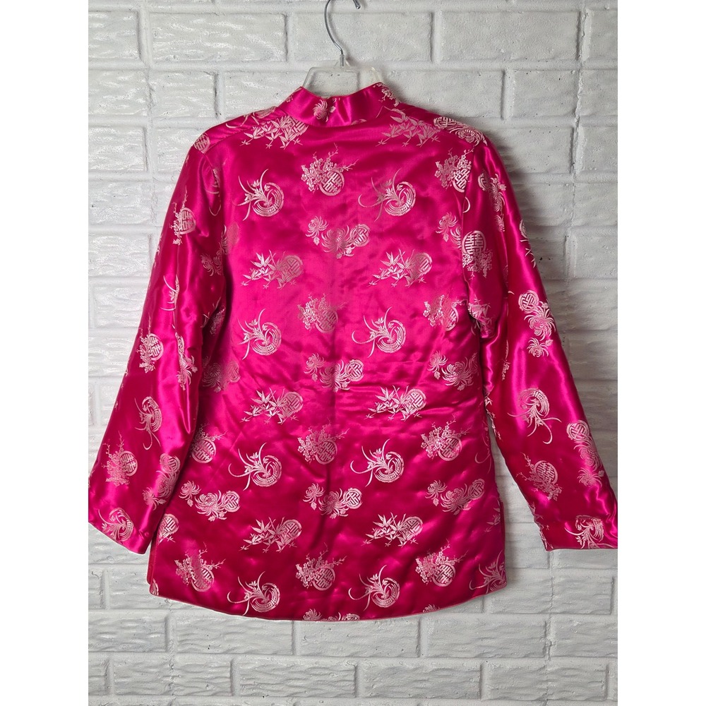 VTG Women's Large Mandarin Jacket Pink Satin Frog Buttons Quilted Padded Yeong - Picture 7 of 9